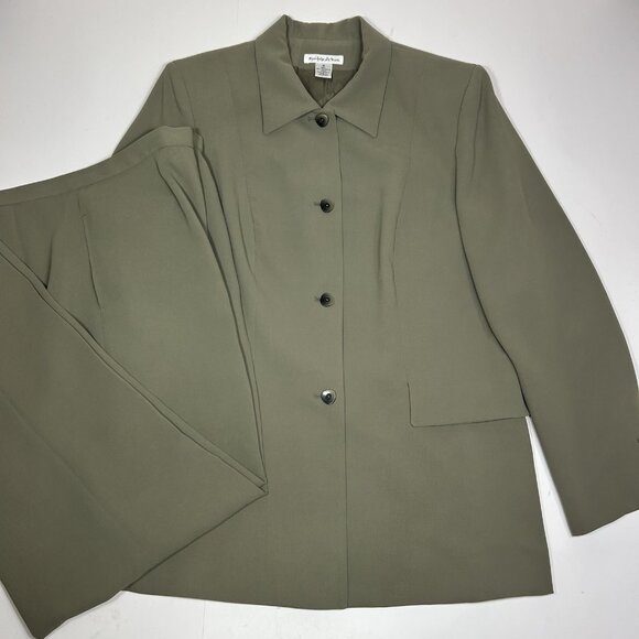 Vtg Preston & York 2pc Pants Suit Long Sleeve Lined Olive Green Flat Front Sz 14 - Picture 1 of 12
